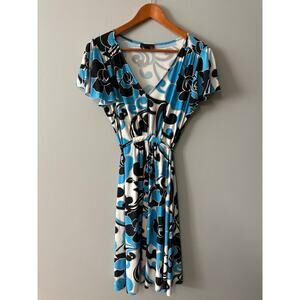 Scarlett Blue Black White Floral Wrap Dress Womens Size 10 Retro Mod Knee Length